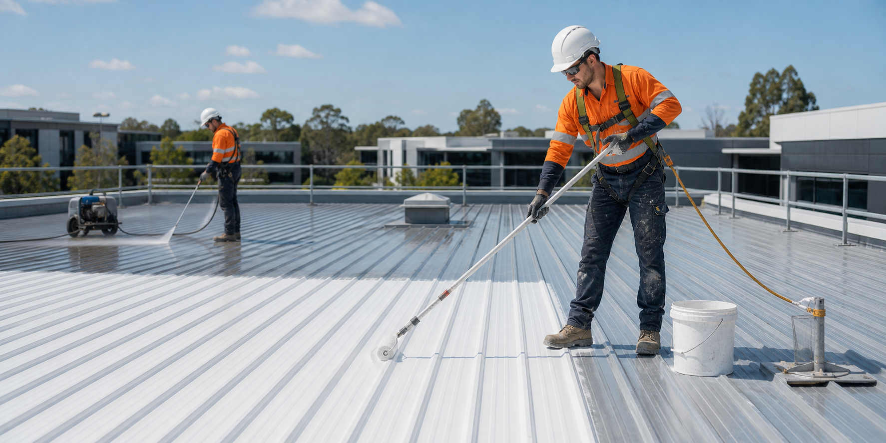 Roofing Repair & Maintenance contractors applying a commercial roof restoration coating